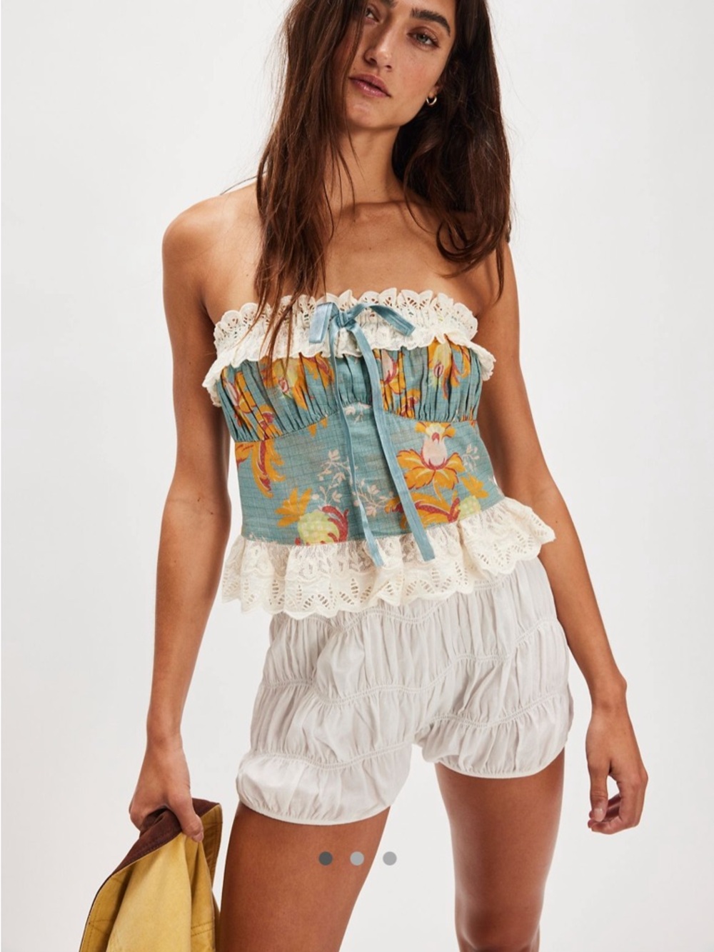 NWT Free People Bustier Strapless Floral Corset Top with Lace Trim Teal & Cream